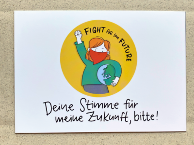 Fight for the Future Postkarte Klimakrise bedeutet Wählen gehen, gebt den Kindern eure Stimme. Susanne Mierau (geborgen wachsen) und Nadine Roßa von sketchnote-love.de